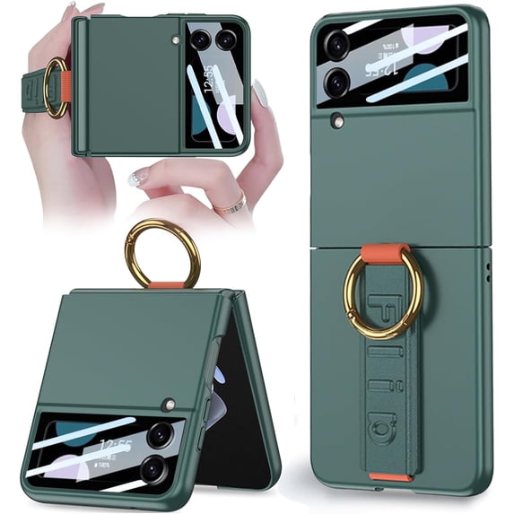 Compatible for Samsung Galaxy Z Flip 3 Case with Wrist Strap,Ultra Thin Matte PC Anti-Drop Wear-Resistant Built-in Glass Camera Screen Protector Case with Ring for Galaxy Z Flip 4 5G Green