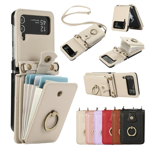 Compatible with Samsung Galaxy Z Flip 3 Wallet Case, PU Leather Case with Card Holder, 360° Rotation Ring Kickstand, Shoulder Strap, Magnetic Snap Protective Case Designed for Z Flip 3, Beige
