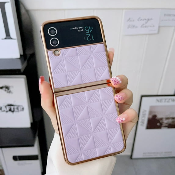 Compatible with Samsung Galaxy Z Flip 4 5G Case, PC + PU Leather Pattern Luxury Plating Ultra-Thin Drop Protective Phone Case Cover for Samsung Galaxy Z Flip 4 5G - Purple