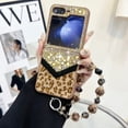 thumbnail image 1 of Compatible for Samsung Galaxy Z Flip 4 Case with Beaded Wrist Strap, Fluffy Leopard Print Pattern with Bling Design Case for Women Girls Hard PC Drop Protection Cover for Galaxy Z Flip 4, Gold, 1 of 11