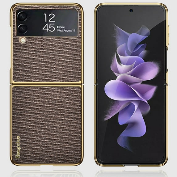 Compatible with Samsung Galaxy Z Flip 4 Case, Luxury Protective Ultra-Thin PU Leather Plating Bumper Shockproof Glossy Design Back Phone Cover For Samsung Z Flip 4,Brown