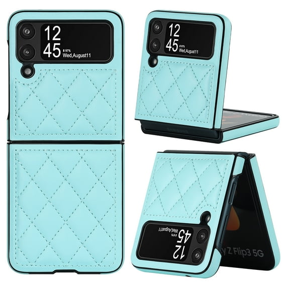 Compatible with Samsung Galaxy Z Flip 4 Case, Luxury Protective Ultra-Thin PU Leather Small Fragrance Grid Shockproof Glossy Design Back Phone Cover For Samsung Z Flip 4,Blue