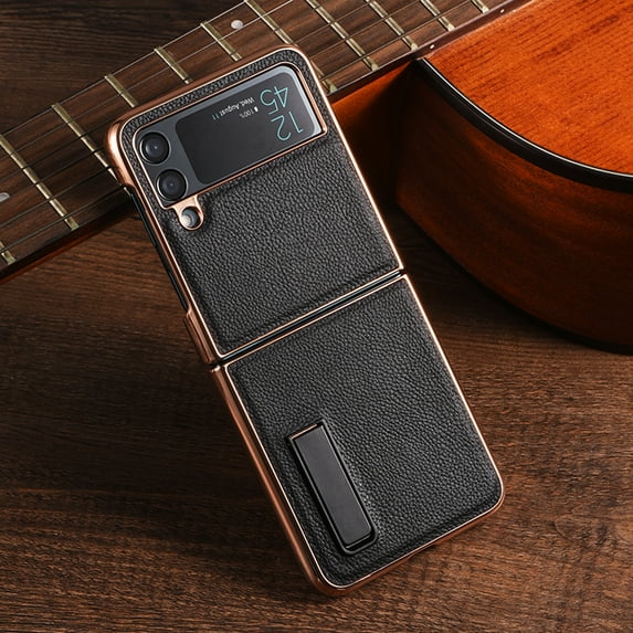 Compatible with Samsung Galaxy Z Flip 4 Case, Plating Bumper Luxury Protective Ultra-Thin PU Leather PC Shockproof Glossy Design Back Phone Cover For Samsung Z Flip 4,Black