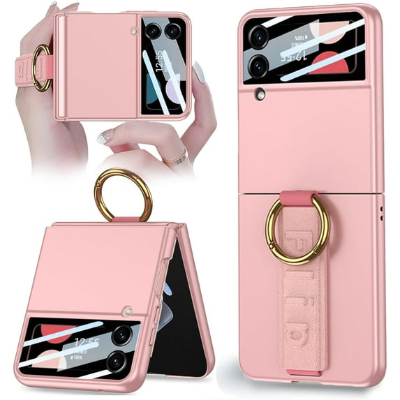 Compatible for Samsung Galaxy Z Flip 4 Case with Ring,Ultra Thin Matte PC Anti-Drop Wear-Resistant Built-in Glass Camera Screen Protector Case with Wrist Strap for Galaxy Z Flip 4 5G Pink