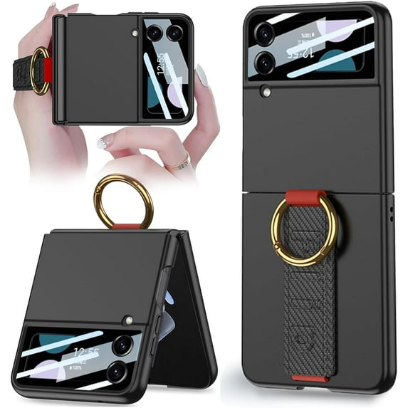 Compatible for Samsung Galaxy Z Flip 4 Case with Wrist Strap,Ultra Thin Matte PC Anti-Drop Wear-Resistant Built-in Glass Camera Screen Protector Case with Ring for Galaxy Z Flip 4 5G Carbon