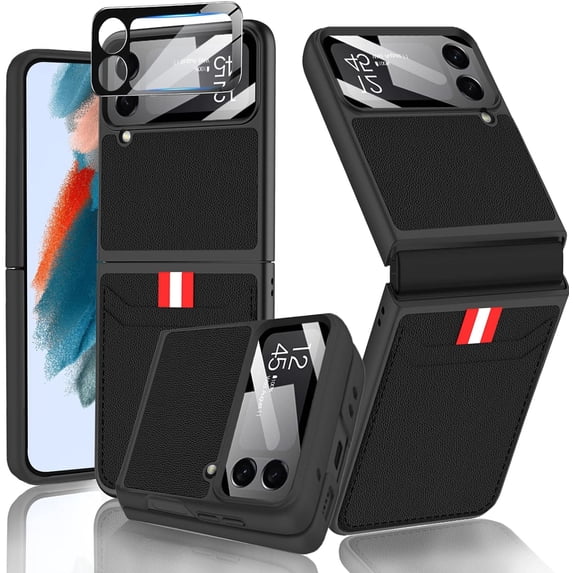 Compatible Samsung Galaxy Z Flip 4 Phone Case with Card Holder & Camera Lens Screen Protection,Shockproof Wallet Card Slot Cover Thin Leather Case for Samsung Galaxy Z Flip 4 5G Case Women Black