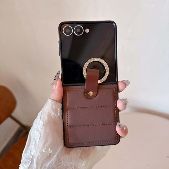 Compatible with Samsung Galaxy Z Flip 4 Phone Case,Down jacket Style PU Leather Back Design,With Diamond Metal Finge Ring Holder,Shockproof Anti-Scratch Rugged Phone Case,Brown