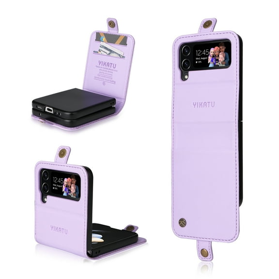 Compatible With Samsung Galaxy Z Flip 4 Phone Case Synthetic Leather Snapper Blocking Card Pockets Shockproof Anti-Fingerprint Lightweight Luxury Phone Cover,Purple