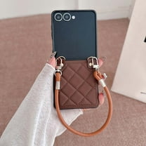 Compatible with Samsung Galaxy Z Flip 4 Phone Case,With Detachable Wrist Strap,Argyle PU Leather Back Design,Anti-Scratch Shockproof Protective Rugged Durable Phone Case Cover,Brown