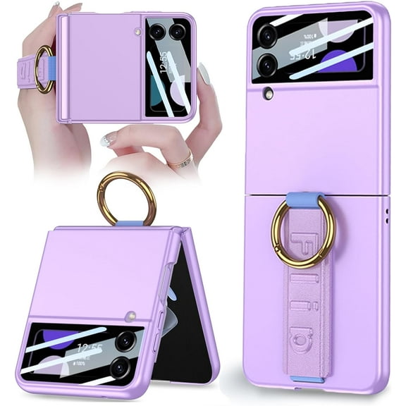 Compatible for Samsung Galaxy Z Flip 4 Phone Case with Wrist Strap,Ultra Thin Matte PC Shockproof Wear-Resistant Built-in Camera Screen Protector Case with Ring for Galaxy Z Flip 4 5G Purple