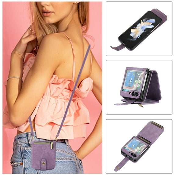 Compatible with Samsung Galaxy Z Flip 5 5G 6.7" Wallet Case, 2 in 1 Magnetic Case with Card Holder, Zipper, PU Leather Flip Cover Case with Detachable Long Shoulder Strap Card Slots, Purple