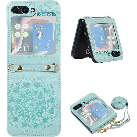 Compatible with Samsung Galaxy Z Flip 5 5G Case Blue,Mandala Flower Pattern Women Phone Case Premium PU Leather Slim Case with Removable Neck Lanyard Strap