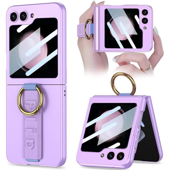 Compatible Samsung Galaxy Z Flip 5 5G Phone Case with Wristband & Screen Protector,Full Body Protection Hard PC Cover for Galaxy Z Flip 5 Cases,Samsung Galaxy Flip 5 Case Screen Protector Purple