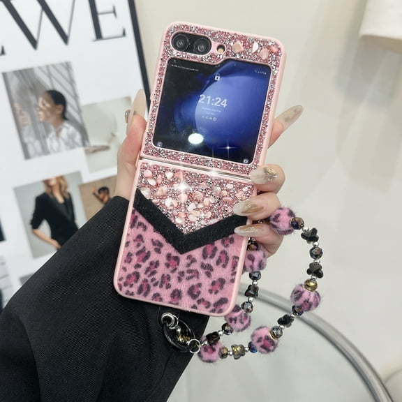 Compatible for Samsung Galaxy Z Flip 5 Case with Beaded Wrist Strap, Fluffy Leopard Print Pattern with Bling Design Case for Women Girls Hard PC Drop Protection Cover for Galaxy Z Flip 5, Pink