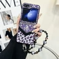 thumbnail image 1 of Compatible for Samsung Galaxy Z Flip 5 Case with Beaded Wrist Strap, Fluffy Leopard Print Pattern with Bling Design Case for Women Girls Hard PC Drop Protection Cover for Galaxy Z Flip 5, Purple, 1 of 11