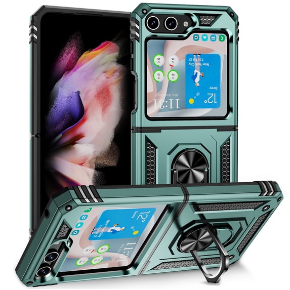 Compatible with Samsung Galaxy Z Flip 5 Case Built-in 360 Ring Holder Kickstand, Extreme Protection Military Armor Magnetic Car Dual Layer Protective Heavy Duty Phone Cover,Darkgreen