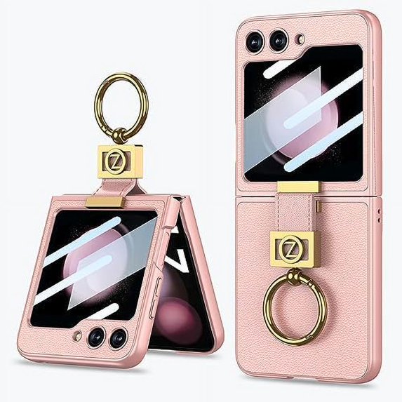 Compatible with Samsung Galaxy Z Flip 5 Case with Built-in Screen Protector,Ultra-Thin Anti-Fall Shockproof Anti-Scratches Plain Leather Ring Cover Case for Samsung Galaxy Z Flip 5 5G Pink
