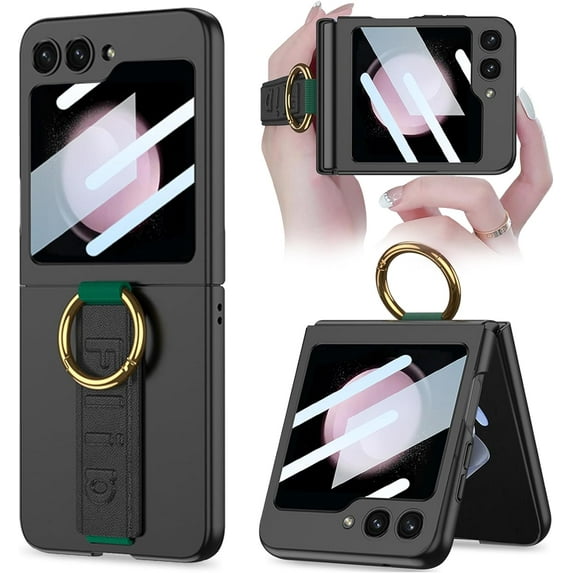 Compatible Samsung Galaxy Z Flip 5 Case with Camera Screen Protector & Strap,Shockproof Hard PC Cover Protective Phone Case for Samsung Z Flip 5 Case with Ring,Galaxy Z Flip 5 Case Slim Black