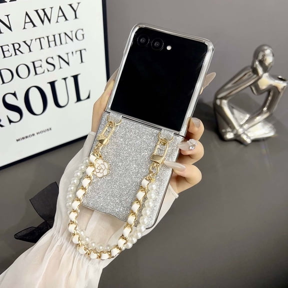 Compatible with Samsung Galaxy Z Flip 5 Case Glitter Shockproof Case Bling Sparkly TPU and PC Silicone Shiny Girl Women Luxury Thin Protective Cover with Pearl Hand Strap,Silver