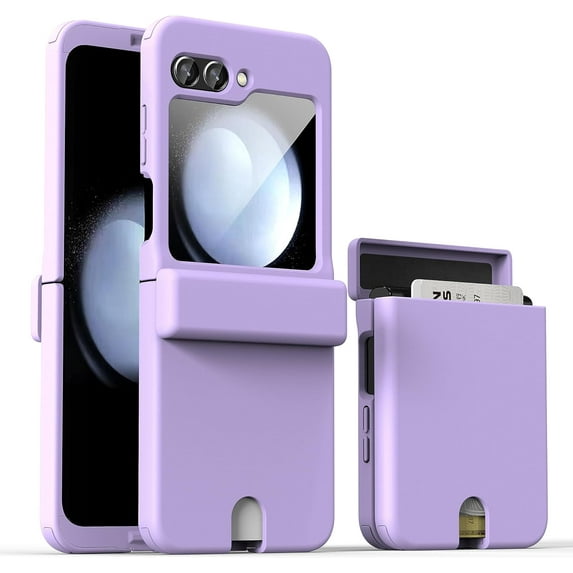 Compatible Samsung Galaxy Z Flip 5 Case with Hinge Protection & Screen Protector,Heavy Duty Full Coverage Cover Case for Galaxy Z Flip 5 Case Wallet,Galaxy Z Flip 5 Case with Card Holder Purple
