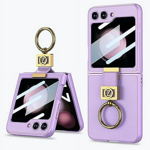 Compatible with Samsung Galaxy Z Flip 5 Case with Ring Holder,Ultra Thin Slim Matte Leather Anti-Drop Wear-Resistant Built-in Glass Screen Protector Cover Case for Galaxy Z Flip 5 5G Purple