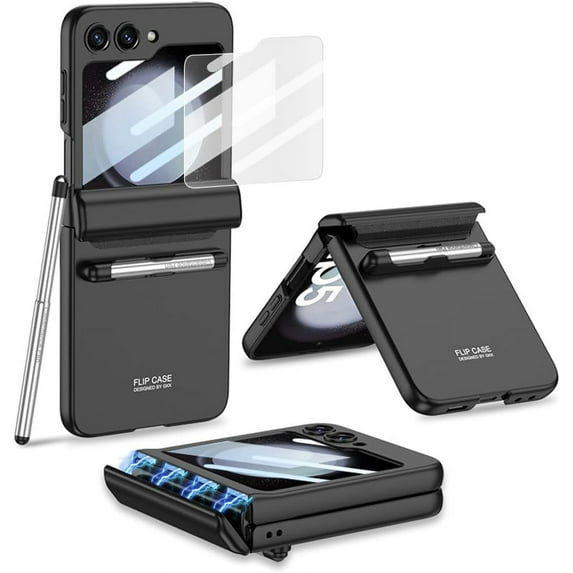 Compatible Samsung Galaxy Z Flip 5 Case with S Pen, All-Inclusive Hinge Protection + Tempered Glass Screen Protector Case for Samsung Galaxy Z Flip 5 5G 2023 (Black)