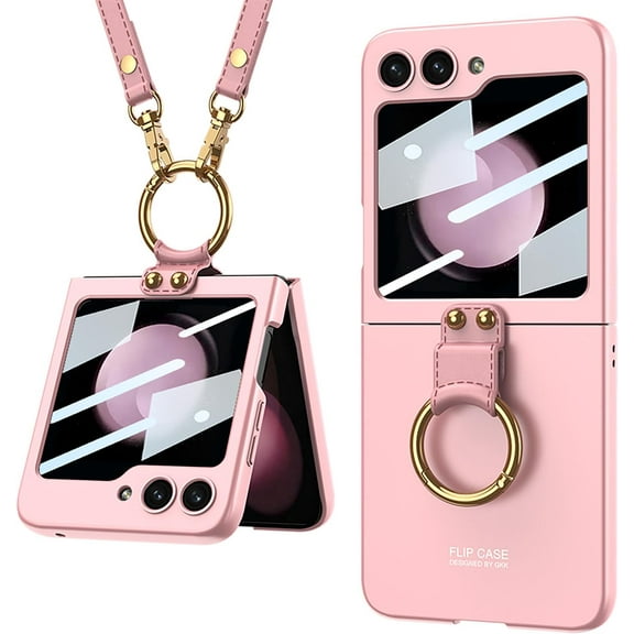 Compatible for Samsung Galaxy Z Flip 5 Case with Strap for Women Girl, [Built-in Small Screen Film] [Metal Ring Holder Kickstand] Shockproof Portable Protector Case for Z Flip 5 2023(Pink)