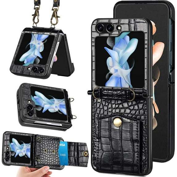 Compatible Samsung Galaxy Z Flip 5 Case Wallet with Card Holder,Shockproof PU Leather with Anti-Lost Detachable Crossbody Lanyard Case for Samsung Z Flip 5 Wallet Case,Galaxy Flip 5 Case Black