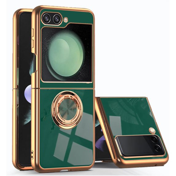 Compatible with Samsung Galaxy Z Flip 5 Case for Women Men Cute Samsung Z Flip 5 Protective Case Shockproof with Stand and Luxury Plating Gold Edge Phone Case Cover (Night Green)