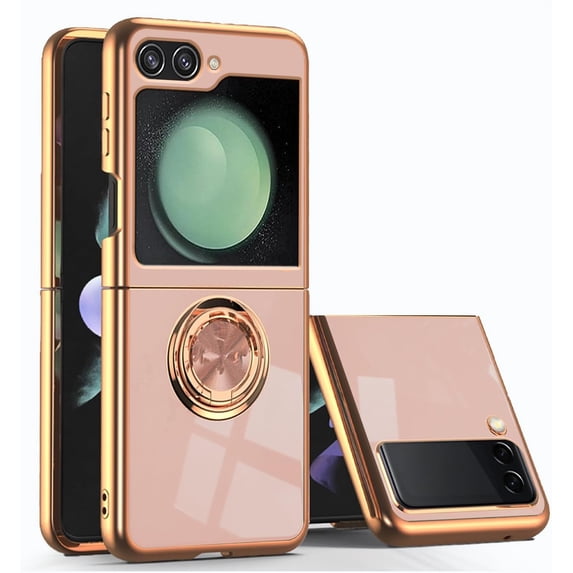 Compatible with Samsung Galaxy Z Flip 5 Case for Women Men Cute Samsung Z Flip 5 Protective Case Shockproof with Stand and Luxury Plating Gold Edge Phone Case Cover (Pink)