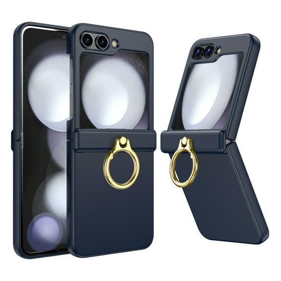 Compatible with Samsung Galaxy Z Flip 5 Case (without Screen Protector) with Hinge Protection & Ring Kickstand, Slim and Thin Protective Case Cover for Samsung Galaxy Z Flip 5, Darkblue