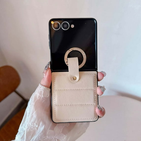 Compatible with Samsung Galaxy Z Flip 5 Phone Case,Down jacket Style PU Leather Back Design,With Diamond Metal Finge Ring Holder,Shockproof Anti-Scratch Rugged Phone Case,Khaki