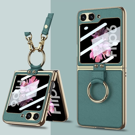 Compatible with Samsung Galaxy Z Flip 5, Plating Case with Crossbody Strap Ring Kickstand PU Leather Built in Small Screen Protector Full Coverage Phone Case for Samsung Galaxy Z Flip 5, Green