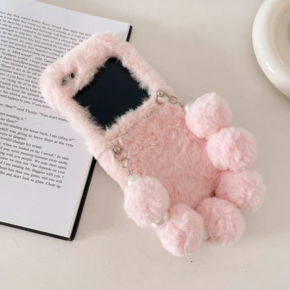 Compatible with Samsung Galaxy Z Flip 5 Plush Case Fluffy Furry Fuzzy Wrist Strap Chain Cute Winter Warm Soft Fashion Protection Shockproof Cover for Women Girls Pink