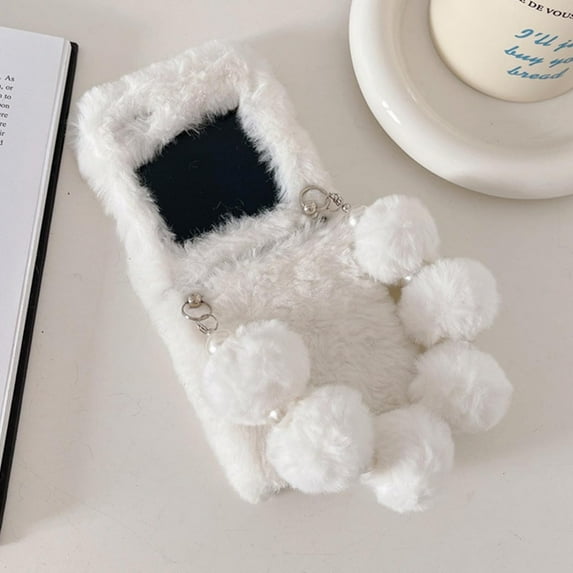 Compatible with Samsung Galaxy Z Flip 5 Plush Case Fluffy Furry Fuzzy Wrist Strap Chain Cute Winter Warm Soft Fashion Protection Shockproof Cover for Women Girls White