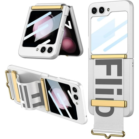 Compatible Samsung Galaxy Z Flip 5 Stand Case with Strap & Hinge Protection 2023,Protective PU Leather Cover with Camera Screen Protector Thin Phone Case for Samsung Galaxy Z Flip 5 Case Silver
