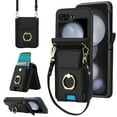 thumbnail image 1 of Compatible with Samsung Galaxy Z Flip 5 Wallet Phone Case,With Finger Ring Holder,Lanyard&Shoulder Strap,Back Card Slots,PU Leather Shockproof Rugged Crossbody Phone Case,Black, 1 of 8