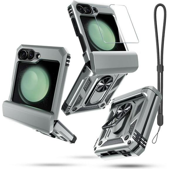 Compatible with Samsung Galaxy Z Flip 6 Case Built in Screen Protector+Hinge Protection+Ring Kickstand,Heavy Duty Full Body Phone Cover with Wrist Strap Lanyard,2024 Silver