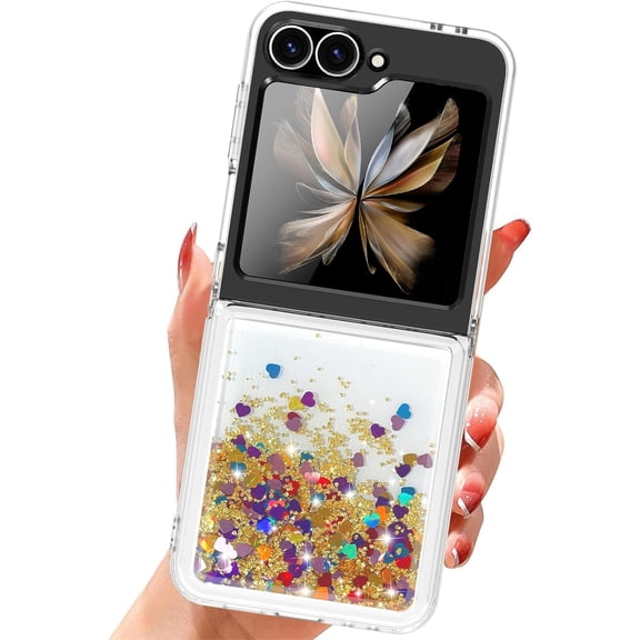 Compatible with Samsung Galaxy Z Flip 6 Case, Clear Bling Glitter Flowing Sand Case for Women Girls, Slim Shockproof Anti Yellowing Protective Case for Galaxy Z Flip 6 5G 2024, Gold