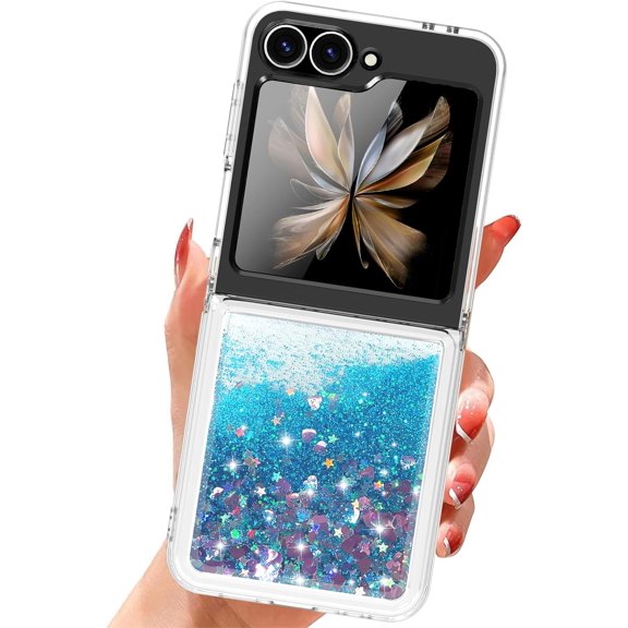 Compatible with Samsung Galaxy Z Flip 6 Case, Clear Bling Glitter Flowing Sand Case for Women Girls, Slim Shockproof Anti Yellowing Protective Case for Galaxy Z Flip 6 5G 2024, Blue