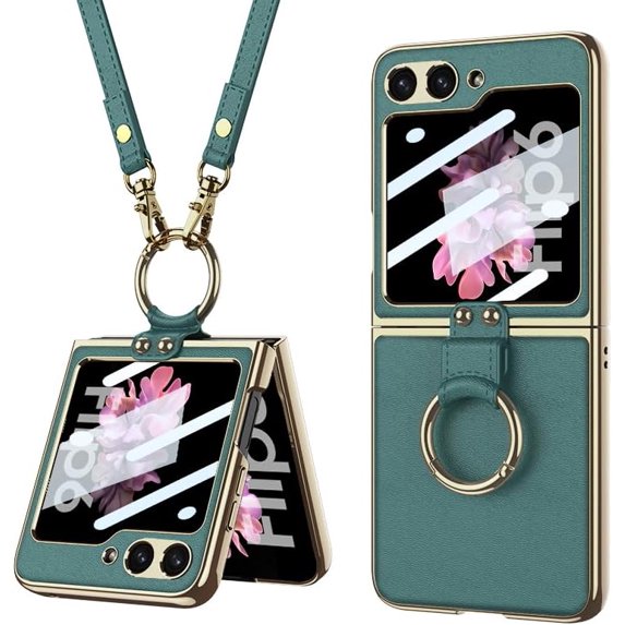 Compatible Samsung Galaxy Z Flip 6 Case with Crossbody Strap Lanyard Ring Kickstand PU Leather Cover Built in Small Screen Protector Full Coverage Phone Case for ZFlip (Green, Z Flip 6 2024)