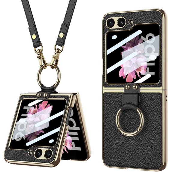 Compatible Samsung Galaxy Z Flip 6 Case with Crossbody Strap Lanyard Ring Kickstand PU Leather Cover Built in Small Screen Protector Full Coverage Phone Case for ZFlip 6 (Black, Z Flip 6 2024)