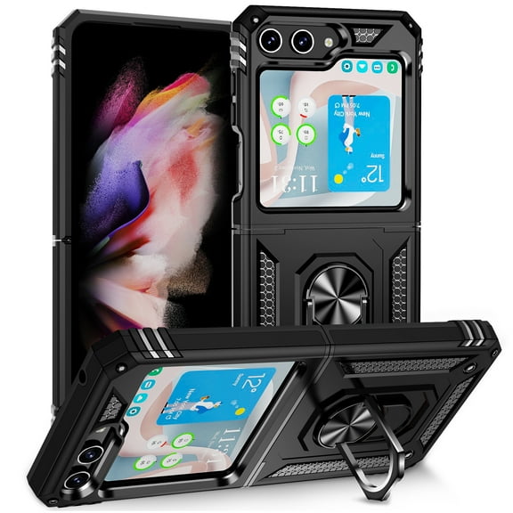 Compatible with Samsung Galaxy Z Flip 6 Case,with 360 Ring Holder Kickstand Card case,Armor Military Grade Protection Hybrid Silicone TPU PC Rugged Case,Magnetic with Car Mount Phone Cover,Black