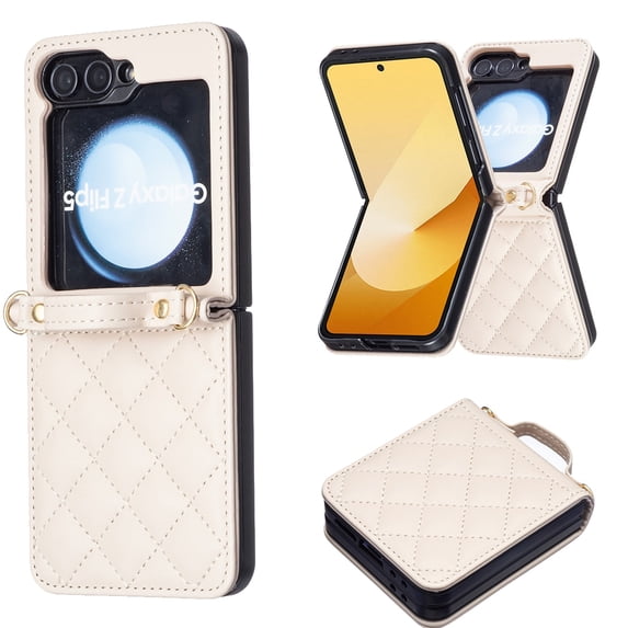 Compatible with Samsung Galaxy Z Flip 6 Crossbody Phone Case,With Shoulder Strap,For Women Girls,PU Leather Shockproof Anti-Scratch Lightgweight Rugged Thin Phone Case,Beige