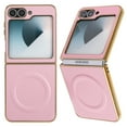 thumbnail image 1 of Compatible With Samsung Galaxy Z Flip 6 Phone Case,Luxurious Electroplated Frame Design,PU Leather Ultra Slim Shockproof Rugged Anti-fall Magnetic Hard PC Phone Case Cover,Pink, 1 of 6