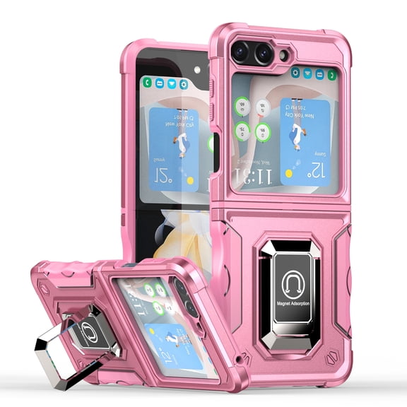 Compatible With Samsung Galaxy Z Flip 6 Phone Case Magnetic Design Metal Ring Kickstand Lens Camera Protection Military Drop-Tested Shockproof Rugged Heavy Duty Phone Cover,Pink