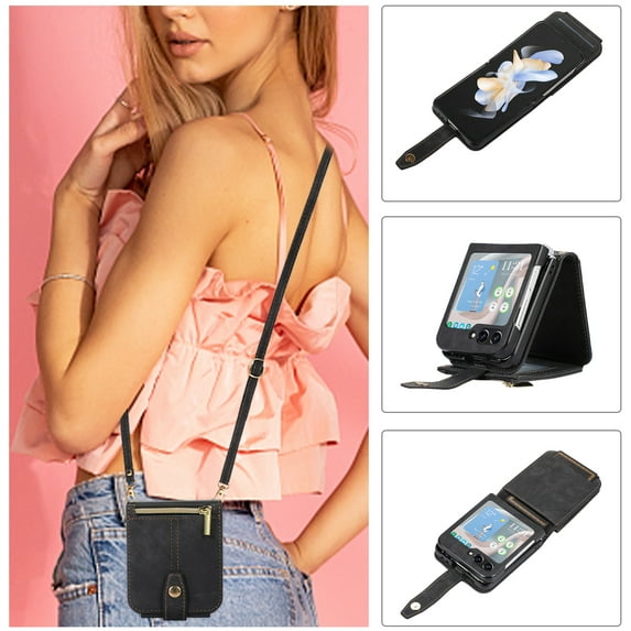 Compatible with Samsung Galaxy Z Flip 6 Rugged Case, Wristlet & Shoulder Strap Shockproof Protective Rugged Case for Girls PU Leather Card Slots Zipper Cover for Samsung Galaxy Z Flip 6, Black