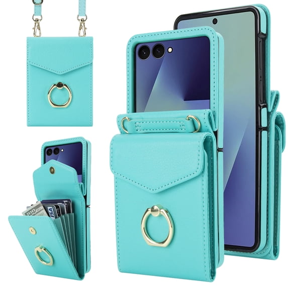 Compatible with Samsung Galaxy Z Flip 7 5G Wallet Case, with Card Holder, Ring Holder RFID Blocking PU Leather Wristband & Crossbody Strap Protective Case for Samsung Galaxy Z Flip 7, Green