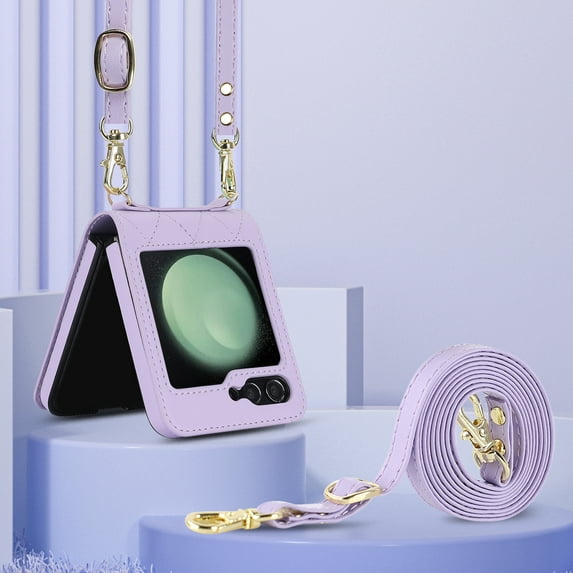 Compatible for Samsung Galaxy Z Flip 7 Case with Card Slots, Shockproof Luxury PU Leather Crossbody Short Lanyard Cover Protective Strap Phone Case for Samsung Galaxy Z Flip 7 Wallet Case, Purple