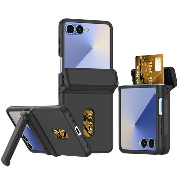 Compatible with Samsung Galaxy Z Flip 7 FE/6 Phone Case,With Card Slot,Contractile Kickstand,Spring Hinge Closure,Shockproof Ultra Slim Anti-Scratch Durable Rugged Phone Case,Black